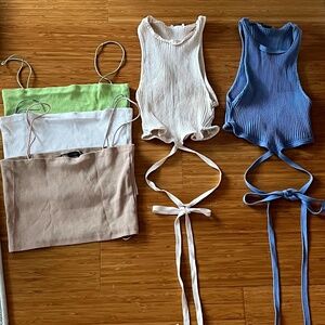 Zara Summer Top Bundle – Blue Ribbed Racer Tie Top + 3 Bandeaus (White, Nude, Li